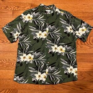 Oaktree Green Hawaiian Floral Button Down Banded Collar Men's Shirt, L (xxl)